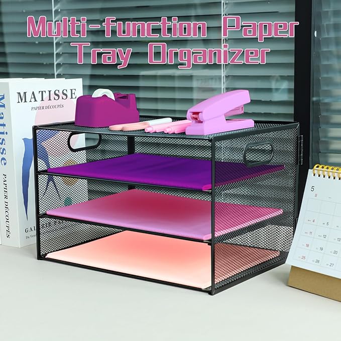 3 Tier Lettrer Tray Organizer, Metal Mesh Desk File Organizer with Sliding Trays, Paper Sorter Desk Organizer for Home Office School, Black