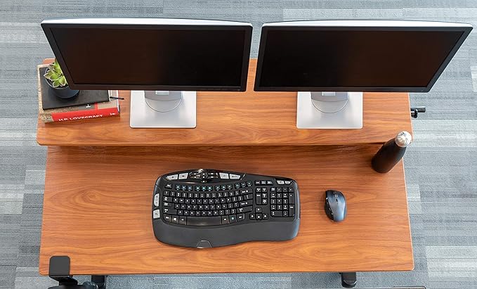 Stand Up Desk Store Crank Adjustable Two Tier Standing Desk with Heavy Duty Steel Frame (Black Frame/Teak Top, 48" Wide)
