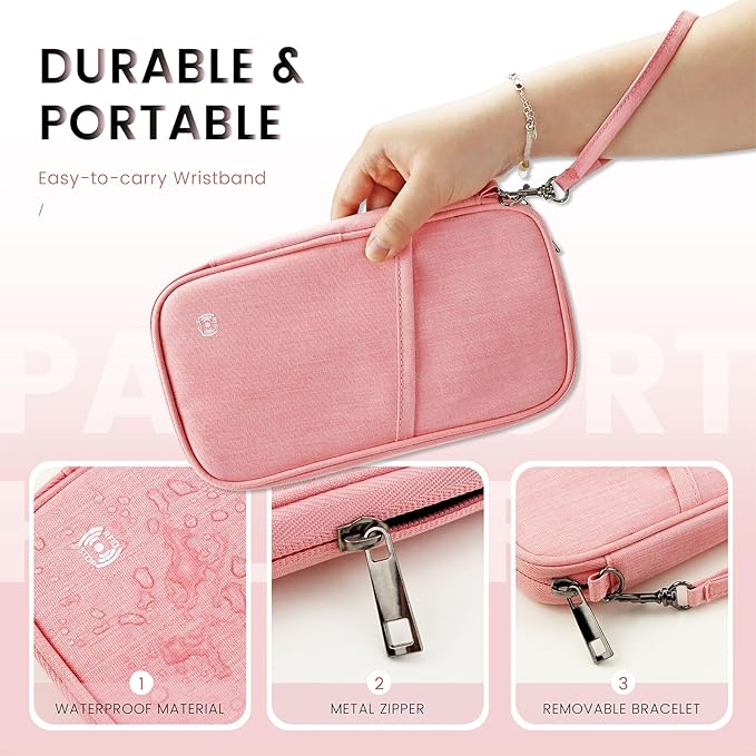 Passport Holder Family, Travel Document Organizer with RFID, Portable Passport Cover Case with Zipper for Cards, Boarding Pass, ID, Money, Tickets (Pink)