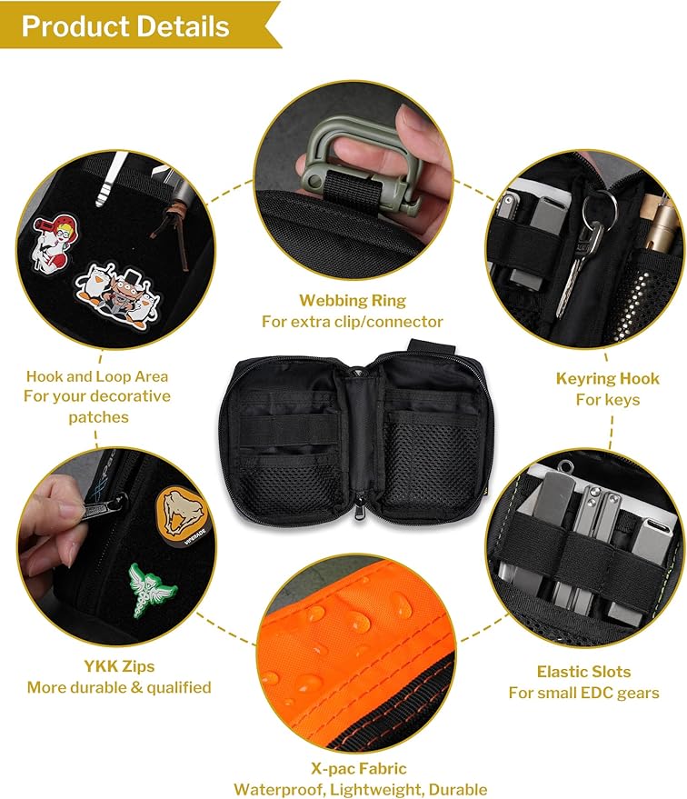 VIPERADE VE26 EDC Pouch Organizer with 11 Compartments, Small Tool Pouch with DIY Patches Area, EDC Pocket Organizer for Mutitools