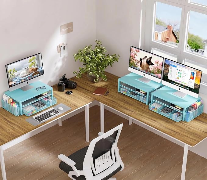 OPNICE Computer Monitor Stand Riser, Desk Organizer with Drawer, Printer & Laptop Stand, Office Desk Accessories & Workspace Desktop Organizers Storage for Office Supplies(Blue)