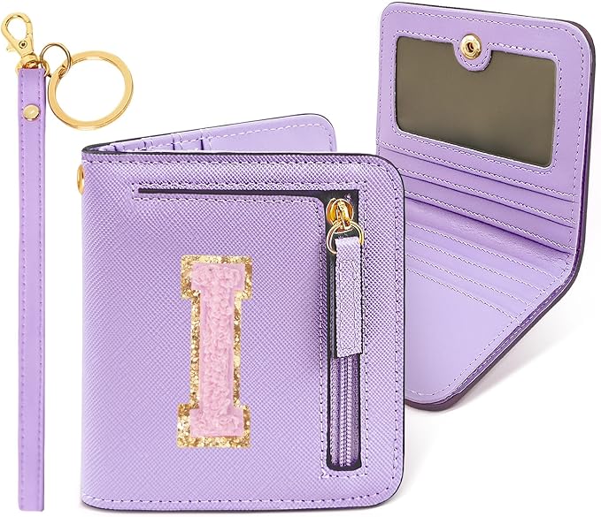 COSHAYSOO Preppy Wallet Gifts for Teen Girls Women Small Wallet RFID Bifold PU Leather Christmas Valentines Easter Mothers Fathers Day Nurse Appreciation Graduation Gifts Chenille Letter I Purple
