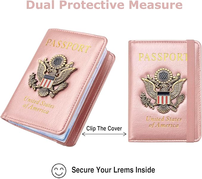 Passport Holder for Travel Passport Cover for Men Passport Wallet Case with Metal Badge Protector Leather Card Case RFID Blocking Women Travel Accessories Document Organizer (Rose Gold)