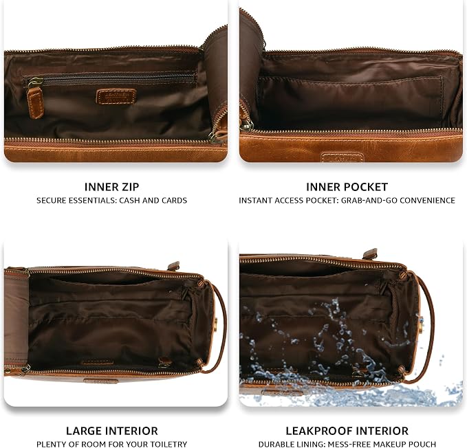 LEATHER VILLAGE Genuine Leather Travel Toiletry Bag - Water-Resistant Dopp Kit for Toiletries, Large Shaving Bag & Bathroom Organizer - Gift for Men & Women - Tan Brown