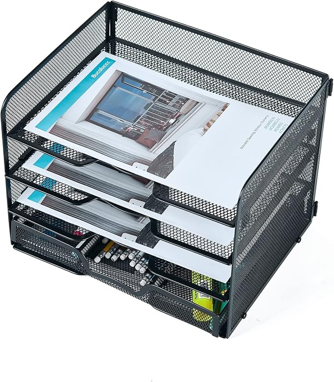 SETTFRFE 4-Tier Metal Desk Organizer-Paper Letter Tray with Drawer,Black | Desktop File Organizer with 2 Sliding Trays & 1 Drawer,Office Supplies Organizer and Storage for Office,Classroom,Home
