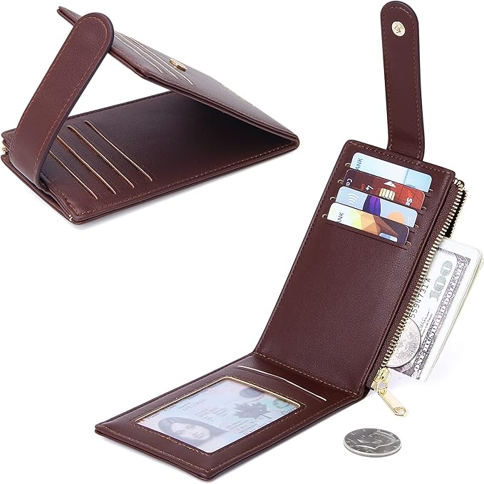 Badiya Slim Women Wallet RFID Blocking Bifold Compact 9 Card Slots Holder Wallets Soft Leather with Zipper Coin Pocket 2 ID Window