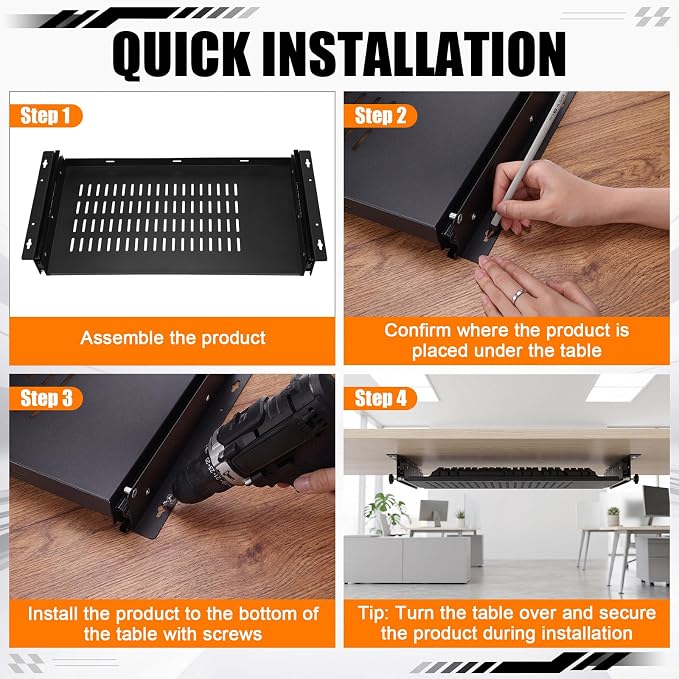 Sliding Under Desk Laptop Mount Shelf with Air Vents 21'' W x 12'' D Metal Under Desk Slide Out Tray Laptop Storage Tray for Home Office Standing Desks Workstations Cabinet Gaming