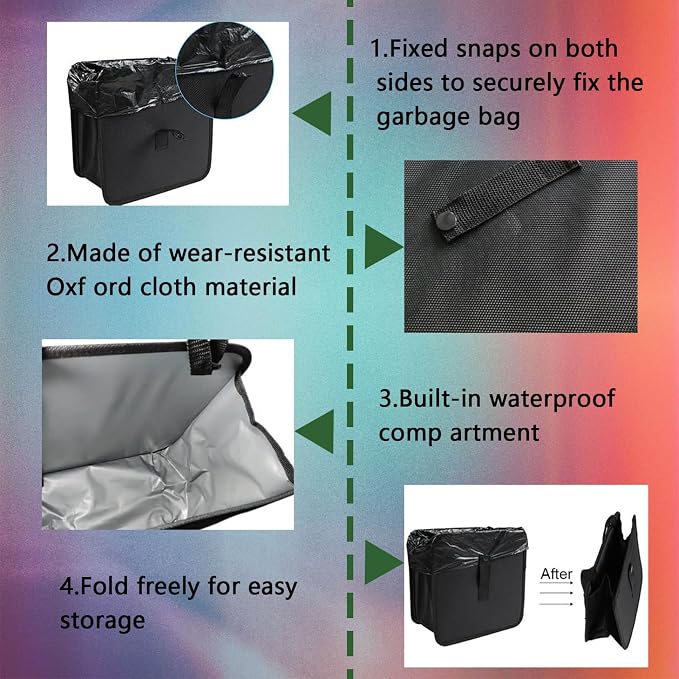 Car Trash Can, Oxford Cloth Foldable Car Trash Bin Hanging, 1.85 Gallon Capacity Garbage Bag Organizer, Leak-Proof Waterproof Auto Storage Container (Large)