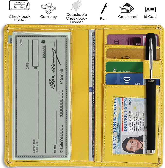 Sanlykate Leather Checkbook Cover for Men and Women, Check Book Case Card Holder with Free Divider, Standard Register Duplicate Checks with pen inserts, Yellow