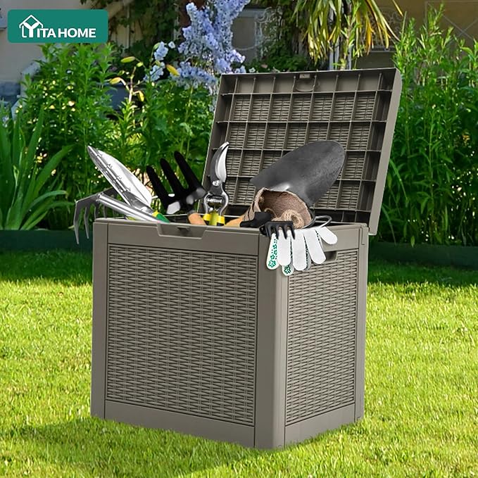 YITAHOME 32 Gallon Deck Box, Indoor Outdoor Storage Box for Patio Furniture, Pool Accessories, Cushions,Garden Tools,Sports Equipment, Waterproof Resin Rattan with Lockable Lid and Side Handles(Brown)