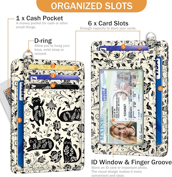 Yonlevres Card Holder Small Wallet Women, Black Cat Flowers RFID Blocking Slim Cute Credit Card Wallet, Front Pocket Travel Thin ID Window PU Leather Mini Organizer Case Purse Gifts Woman Girls Ladies