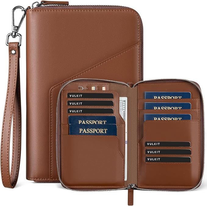 VULKIT Leather Passport Holder Family Travel Document Organizer with RFID Blocking Travel Wallet Slim Dual Slots SIM Card and Multiple Card Holders for Men and Women (Espresso)