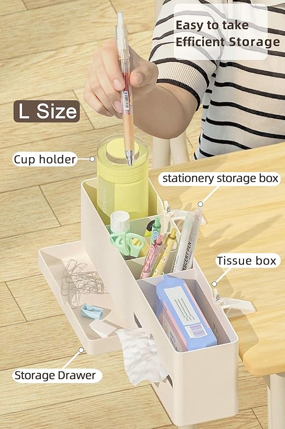 Desk Side Storage Organizer, Desk Cup Holder, No Drill Pen/Pencil/Phone Holder with Hanging Under Table, Clamp On Desktop Side, Stationery Organization Accessories for Home Office(L-size)