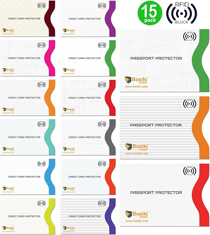 Boxiki Travel Set of 15 RFID, Set with Color Coding | Identity Theft Prevention RFID Blocking Envelopes and Passport Covers (White Collection)