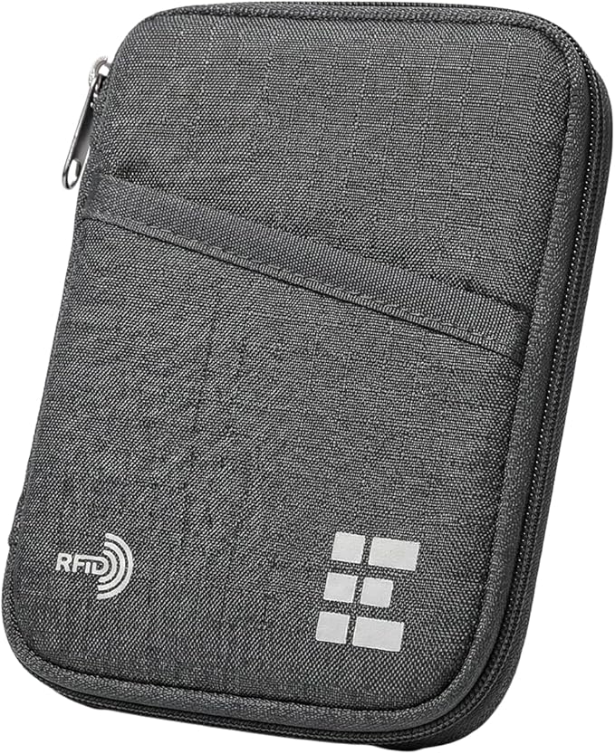Zero Grid RFID Passport Holder & Travel Wallet, Zippered Wallet for Men & Women, Fits Passport, Cards, Cash, Tickets, ID, Sim Card; Premium & Compact Travel Document Holder - Shadow Grey