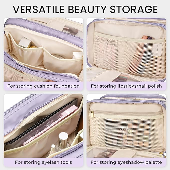 Travel Makeup Bag Women's Large Capacity Cosmetic Portable Organizer Large Opening Waterproof Storage Toiletry Bags Vertical Free-Standing Brush Holder for Easy Access Purple