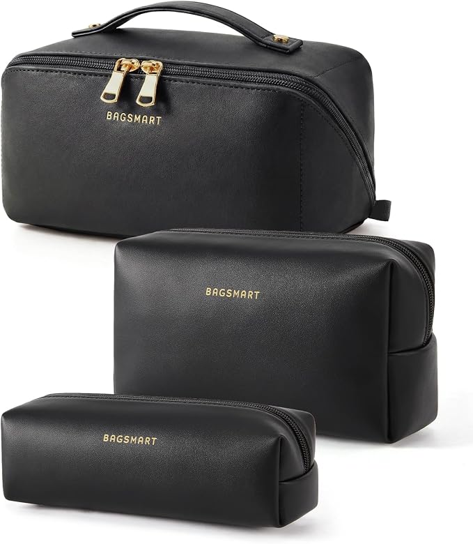 BAGSMART Makeup Bag Travel 3 Pcs Set Cosmetic Bag, Large Make Up Bag Flat Open Toiletry Bag for Women, PU Leather Travel Essentials Organizer Case, Wide-open Pouch for Skincare, Brushes, Black