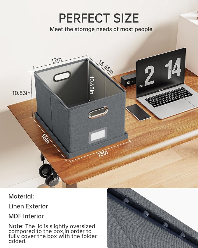 Oterri 2 Pack File Storage Organizer, Filing Box, Portable File Box with Lid, Fit for Letter/Legal File Folder Storage, Document Organizer, Dark-gray