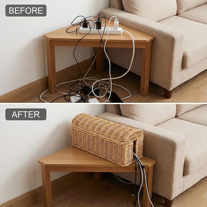 Cable Management Box, Handwoven Rattan Cable Organizer, Cord Organizer Box to Hide Cords & Power Strip, Boho Wire Hider Basket for Home Office, Dome Cover, Natural
