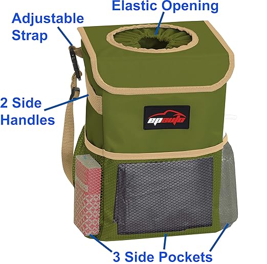 EPAuto Waterproof Car Trash Can with Lid and Storage Pockets, 2.5 Gallon Leakproof, Green