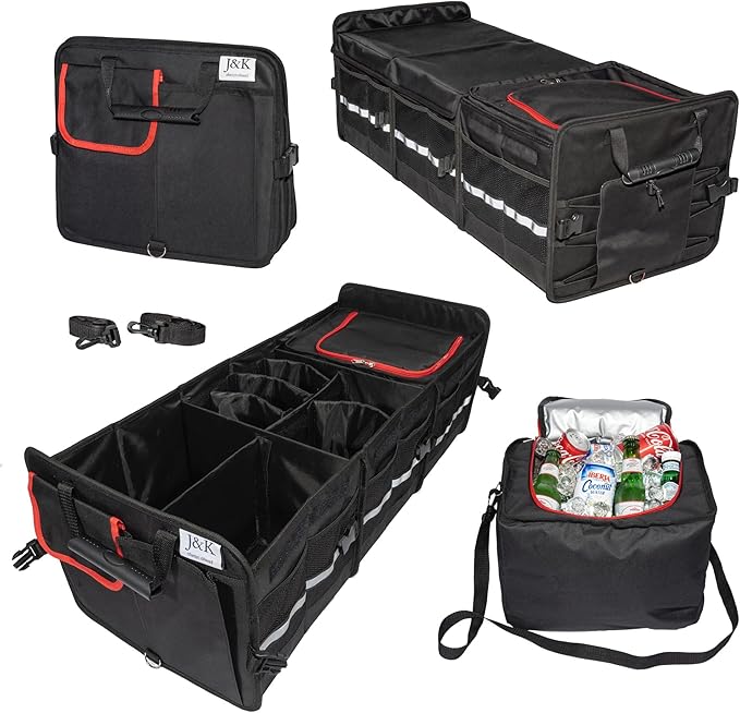 J&K Car Trunk Organizer for SUV,Truck,Van,Sedan- Multi-Compartment Foldable Car Organizer- Car Trunk Storage with Lid and Removable Leak-Proof Thermal Bag- Adjustable Straps (Large Size, Black)