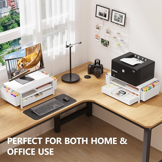OPNICE Desk Organizers and Accessories, 2-Tier Computer Monitor Stand Riser with Drawer and 2 Pen Holders, Laptop Stand, Office Desk Accessories for Office Supplies, White