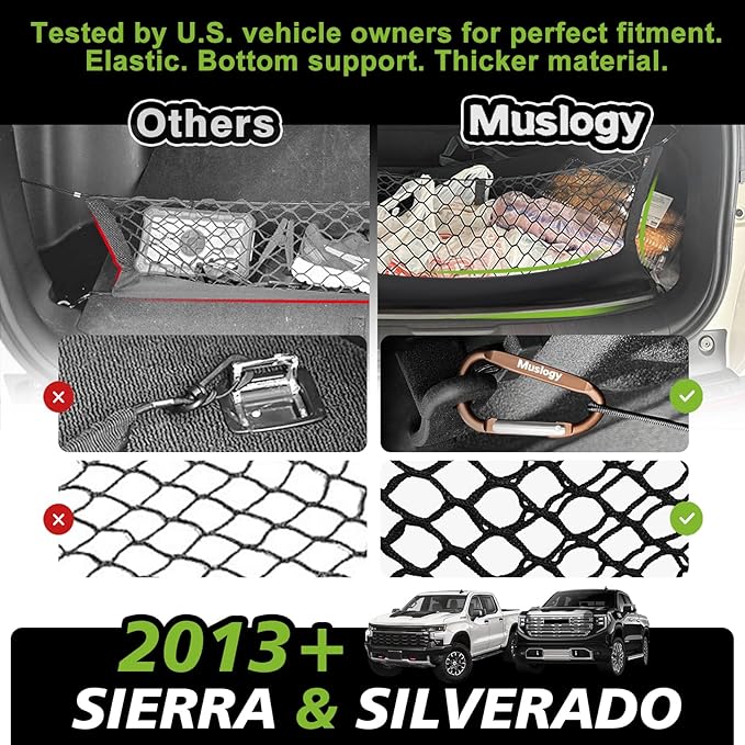 Muslogy Truck Bed Cargo Net Trunk Netting Compatible with 2013-2026 Chevy Silverado & GMC Sierra 1500/2500HD/3500HD Accessories, Pickup Cargo Organizer SUV Sedan Storage Net w/Heavy Duty Carabiners
