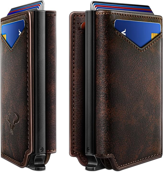 BULLIANT Men Wallet Leather Wallet Card Holders Money Clip for Men 10Cards-Magnetic Flip on Metal Case