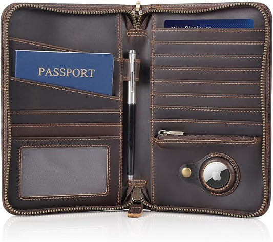 Polare Full Grain Leather Travel Passport Holder RFID Blocking Cover Case Travel Document Organizer Wallet Holders 2 Passports With YKK Zipper (Dark Brown with AirTag Slot)