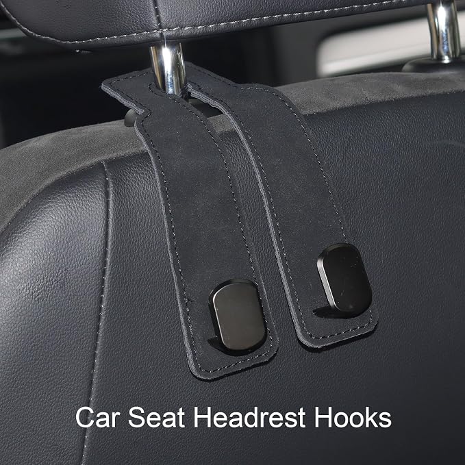 Car Seat Hooks for Headrest, Purse Hook & Back Storage Hook, Zinc Alloy & Suede Material Heavy Duty Car Hooks for Purses and Bags,Universal Fit for Most Vehicles (Black-2 Pack)