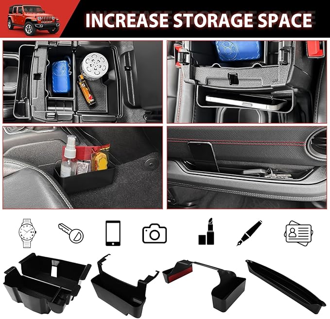Center Console Organizer for 2018-2023 Jeep Wrangler JL JLU 4XE/Gladiator JT Gear Shift Console Side Tray GrabTray Passenger Hanging Armrest Storage Box for Wrangler&Gladiator(18-23 4-piece)
