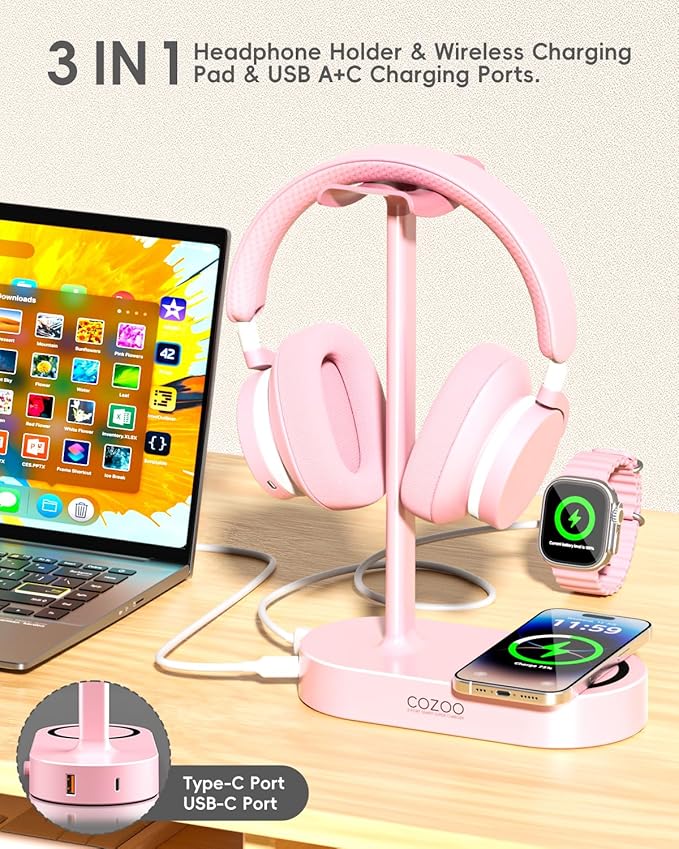 cozoo Pink Headphone Stand with 15W Wireless Charger, USB & Type-C Ports,Cute Desk Gaming Headset Holder,Gifts for Women,Teen Girls, Girlfriend,Gamer Girls,Aesthetic Desk Accessories, for Her