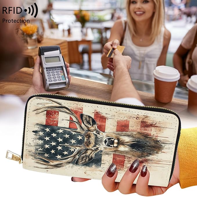 Womens Wallet,RFID Blocking Large Capacity Clutch,Zip Around Leather Purse with 8 Card Slots,Bill Compartments Coin Pocket - Vintage Deer American Flag