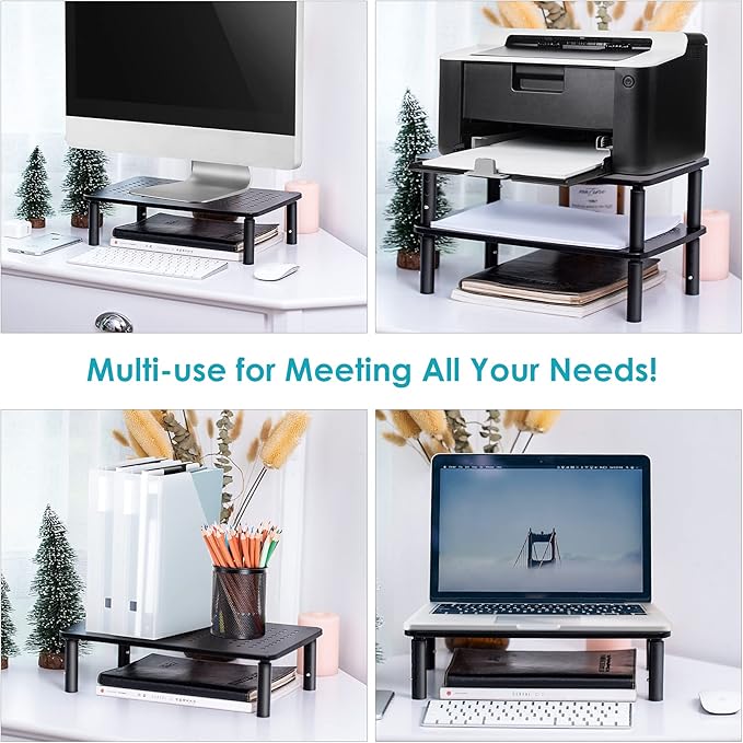 LOTEYIKE Monitor Riser Desktop Stand, Flat Screen TV Monitor Stand Riser, Sturdy Metal Laptop Computer Monitor Stand Shelf for Printer, iMac, 3 Height Adjustable PC Stand with Mesh Platform