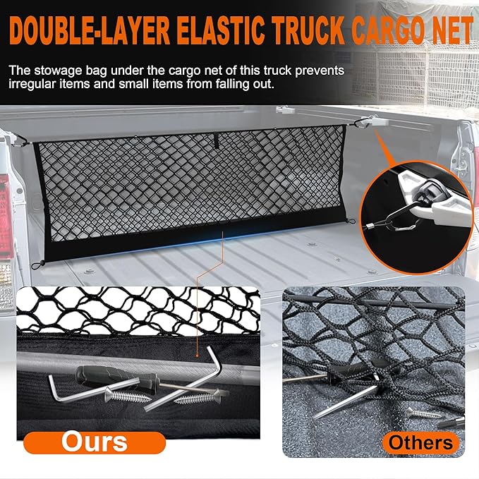 Envelope Style Truck Bed Cargo Net Compatible with Toyota Tundra 2007-2024 2025,Highly Elastic Truck Cargo Net for Tundra Accessories, Upgraded Storage Bag & Heavy Duty Carabiners