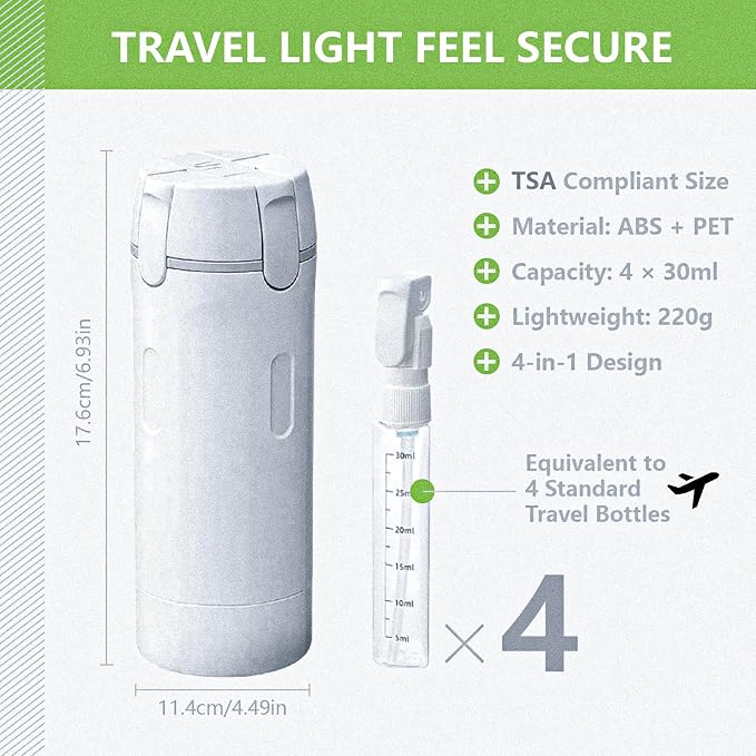 4 in 1 Travel Dispenser Bottles Shampoo Refillable Leak Proof TSA Compliant Size Containers Toiletries Toiletry with Pump Design Portable Organizer Conditioner Lotion Cream Vacation (White)