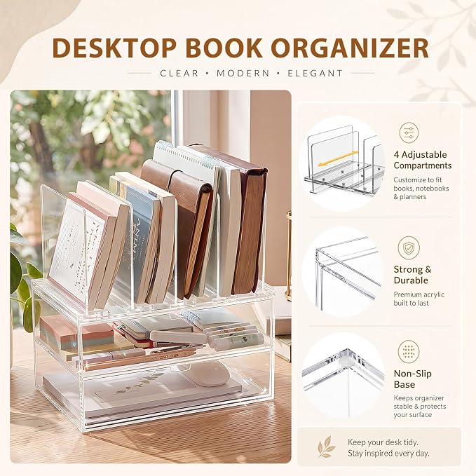 Ripeng Acrylic Desk Organizer with 2 Drawers, Vertical File Holder with 5 Detachable and Adjustable Dividers, Clear Desk Organizers and Accessories for Home, Office, School