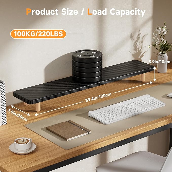 Dual Monitor Stand Riser, 39 Inch Extra Long Wooden Desktop Monitor Riser with Storage for 2 Monitors Ultra Strong Desk Shelf Organizer Riser Ergonomic for 2 Screens/Laptop/PC/TV/Printer (Black, 39inches)