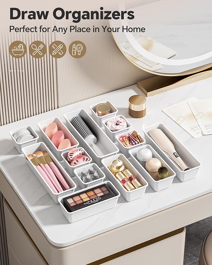 Canfanni 13 Pack Plastic Drawer Organizers Set, 3 Sizes Desk Drawer Organizer Trays for Vanity and Makeup Organizer, Organization and Storage for Makeup, Kitchen Utensils, Bathroom and Office(White)
