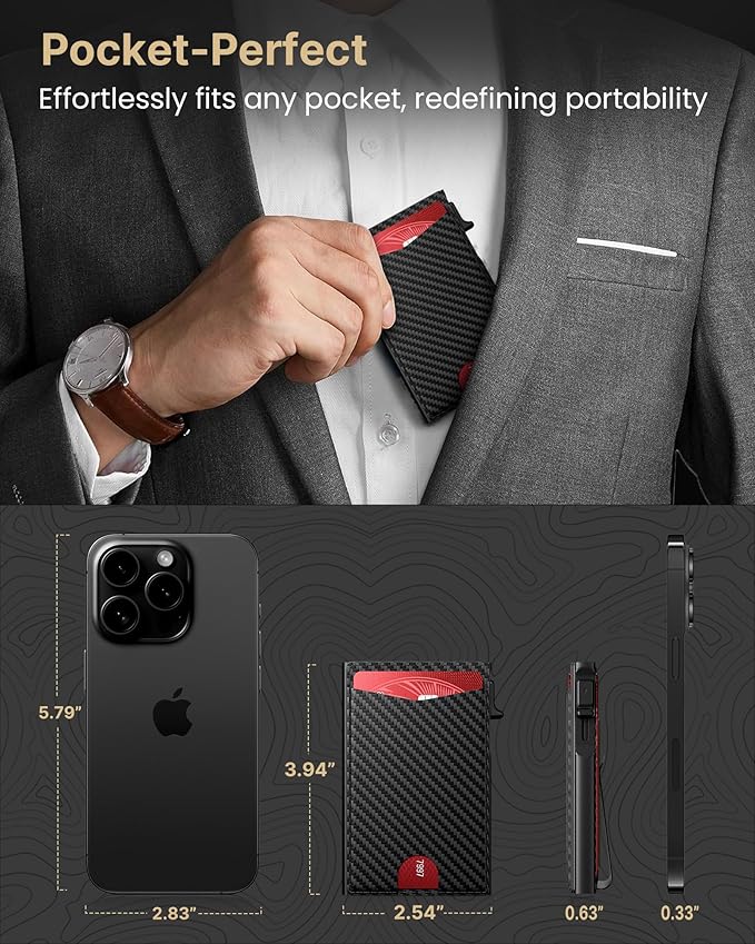 typecase Flip Pop Up Wallet for Men Card Holder: Smart Privacy & ID Display Mode, RFID Blocking, Slim Genuine Leather, Minimalist Front Pocket - 8 Card Capacity | ID Window | Money Clip (Carbon Fiber)