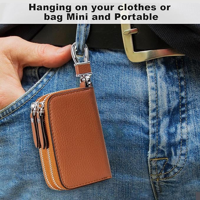 2 Pack Double Zipper Car Key Case, Retro Leather Car Key Fob Holder, Women Key Organizer with Metal Hook Keyring, Mens Vintage Key Coin Bag Black Brown
