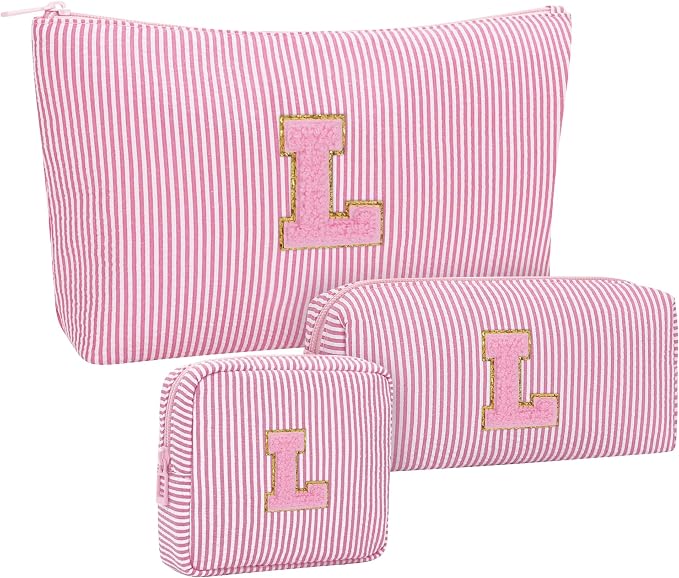 MONSTINA Personalized Initial Makeup Case for Women,Make Up Case for Girlfriend Bridesmaid Wife,Birthday Gift for Her Cute Toiletry Bag,3PCS,Pink L