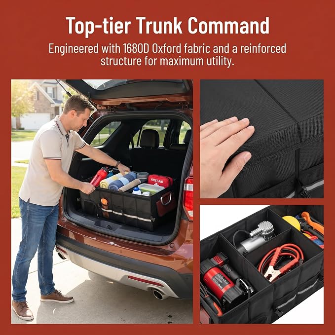 J&J Car Trunk Organizer 112L & Collapsible Cooler Bag 31.5L, 1680D Premium Durable Adjustable Storage for Road Trip Essentials, Car Accessories for Men & Women, SUV, Truck (Extra Large)