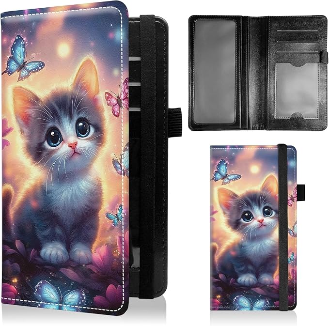 Check Book Cover for Personal Checkbook with Duplicate Checks for Women's & Men PU Leather Wallets Check Book Holder with Pen Card Slots Elastic Strap,Kitten And Butterfly