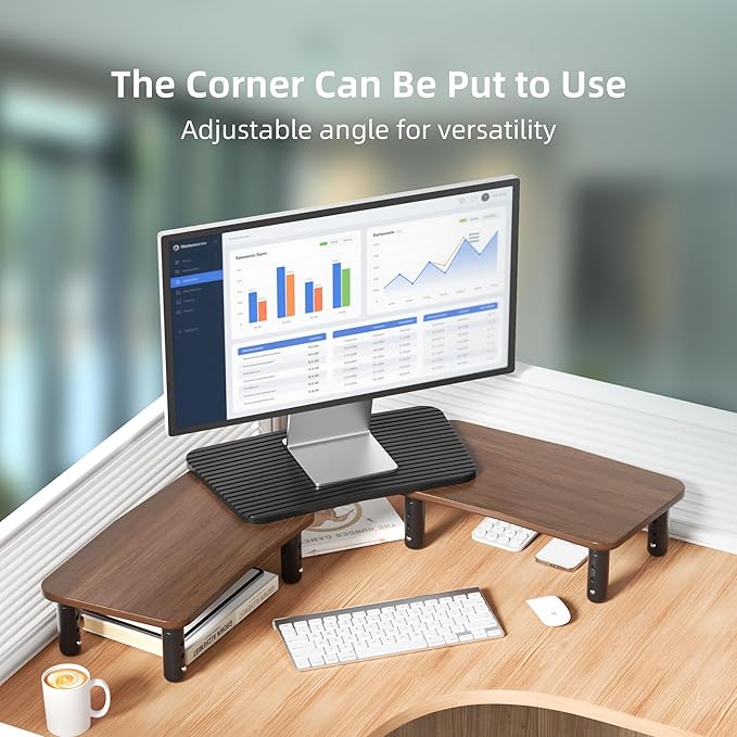 AFOOYO Dual Monitor Stand For Desk,Adjustable Height Long Wood Computer Riser For Computer,Laptop,Printer,TV,Walnut