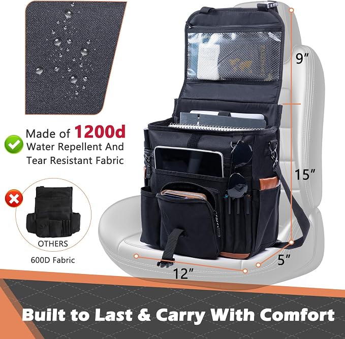 Car Seat Organizer with Lid and Laptop Compartment (Fits 15.6"), Front Seat Passenger Organizer with Adjustable Strap, Multiple Pockets, Portable Office Bag, Water-Resistant 1200D Polyester