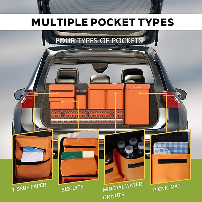 SugarFox Backseat Hanging Trunk Organizer for SUVs, Cars, Trucks & MPVs | Multi-Pocket Storage with Anti-Slip Straps | Space-Saving Auto Accessory for Men & Women | Orange, 37.8" x 18.1" - K230