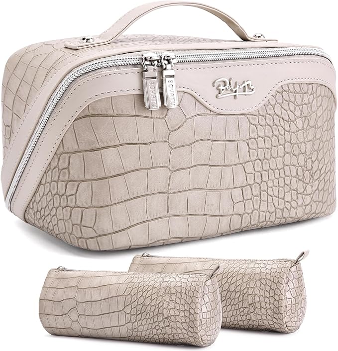 BOYATU Travel Makeup Bag Cosmetic Bags for Women: 3 Pcs Set Large Capacity Make up Bag with Handle - Crocodile Pattern Vegan Leather Toiletry Bags Travel Essentials with Compartments(E-5-Apricot)