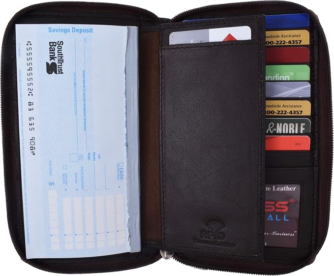 MARSHAL Genuine Leather Double Zipper Clutch Checkbook Wallet for Women #4575CF (RFID Brown)