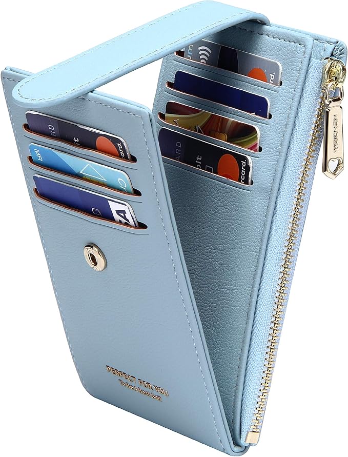 Badiya Slim Women Wallet RFID Blocking Bifold Compact 9 Card Slots Holder Wallets Soft Leather with Zipper Coin Pocket 2 ID Window